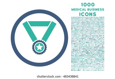 Winner Medal rounded vector bicolor icon with 1000 medical business icons. Set style is flat pictograms, cobalt and cyan colors, white background.