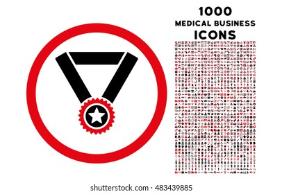 Winner Medal rounded vector bicolor icon with 1000 medical business icons. Set style is flat pictograms, intensive red and black colors, white background.