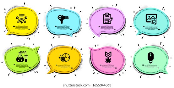 Medalla ganadora, Desplazarse hacia abajo y Sin carteles de Internet. Burlas de chat con citas. Juego de iconos de la línea del lavavajillas, del laboratorio de química y del secador de pelo. Como foto, símbolos Rfp. Platos de limpieza, Laboratorio. Vector