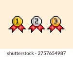 Winner Medal Set Pixel Art Illustration, Gold Silver Bronze Ranking Award Retro 8 Bit Icon