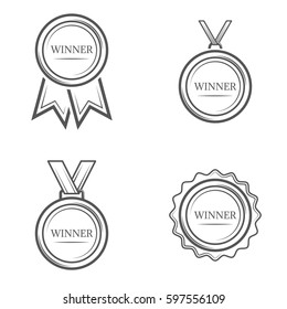 Winner medal set of vector monochrome vintage emblems, labels, badges and logos isolated on black background. Sport award, champion prize design elements