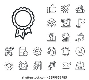 Winner medal sign. Salaryman, gender equality and alert bell outline icons. Success line icon. Award reward symbol. Glory or Honor. Success line sign. Spy or profile placeholder icon. Vector