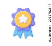 Winner medal with star and ribbon. 3d vector icon. Cartoon minimal style. Premium quality, quality guarantee symbol.