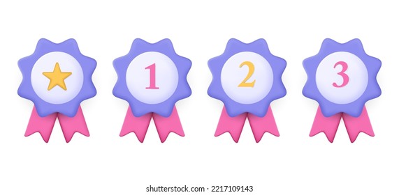 Winner medal with star and ribbon. 3d vector icon.