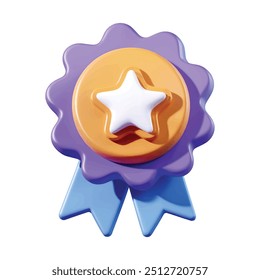 Winner medal with a star and ribbon, 3D vector icon in cartoon minimal style. Represents premium quality and quality guarantee. Ideal for awards and achievement themes.