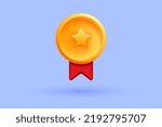 Winner medal with star and ribbon. Cartoon minimal style. Premium quality, quality guarantee symbol. Vector 3d illustration
