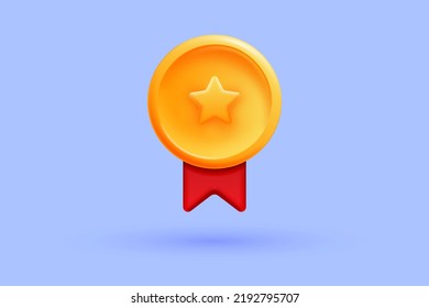 Winner medal with star and ribbon. Cartoon minimal style. Premium quality, quality guarantee symbol. Vector 3d illustration