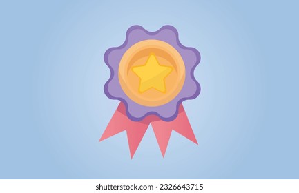 Winner medal with star and ribbon. Cartoon minimal style. Premium quality, quality guarantee symbol.Vector Design Illustration.