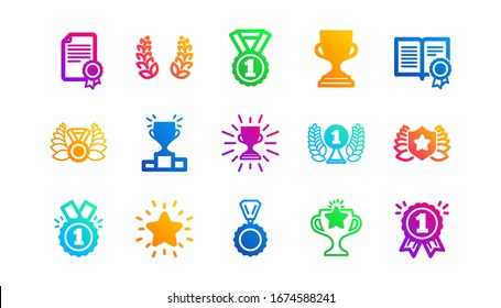 Winner medal, Victory cup and Trophy reward. Award icons. Achievement classic icon set. Gradient patterns. Quality signs set. Vector