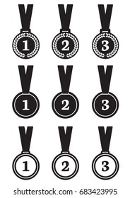 winner medals, 1st, 2nd, 3th places, black and white, vector set
