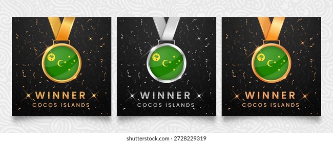 Vencedor de medalhas com a bandeira das Ilhas Cocos Keeling. Medalhas sobre um fundo escuro com confetes de ouro e prata e destaques cintilantes. Ilustração vetorial.