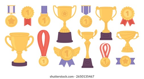 Winner medals golden cups. Flat medal, gold cup and trophy. Competition award elements, isolated trophies for sport, science, racy vector set