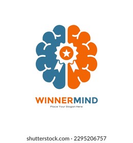 La mente ganadora con diseño vectorial de logo cerebral y medalla. Adecuado para empresas, campeonatos, tecnología y salud