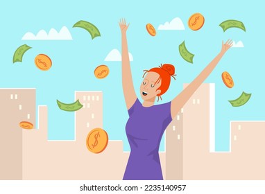 Winner with money, vector illustration, happy flat woman character with flying cash, successful rich person with finance wealth concept.