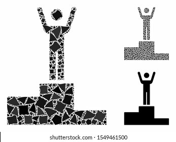 Winner mosaic of rough parts in different sizes and color tints, based on winner icon. Vector trembly parts are grouped into collage. Winner icons collage with dotted pattern.
