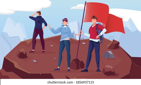 Winner mountain flat composition with highland scenery and doodle style human characters planting flag on peak vector illustration