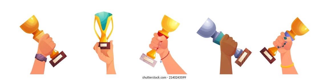 Winner multiethnic hands holding a goblet, Idea of ​​achievement, leadership, victory, success. Champion cup, trophy. Golden prize. Icon for 2d game. Cartoon vector illustration.