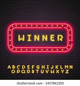 Winner Neon Light Glowing Vector Illustration. Win Congratulations Red Bright Framed Sign Winner with Alphabet Yellow Light Color