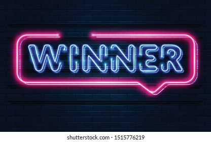 winner Neon Sign Vector, design element, light banner, announcement neon signboard, night neon advensing. Vector Illustration