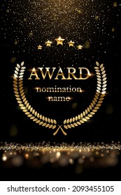 Winner nomination award with gold laurel vector illustration. Luxury reward or certificate poster with wreath, stars and golden falling glitter confetti decoration and glow light effect background