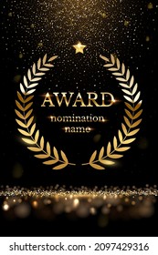 Winner nomination award with gold laurel vector illustration. Luxury reward or certificate poster with wreath, stars and golden falling glitter confetti decoration and glow light effect background