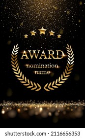 Winner nomination award with gold laurel vector illustration. Luxury reward or certificate poster with wreath, stars and golden falling glitter confetti decoration and glow light effect background