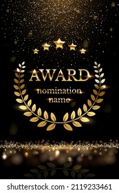 Winner nomination award with gold laurel vector illustration. Luxury reward or certificate poster with wreath, stars and golden falling glitter confetti decoration and glow light effect background svg