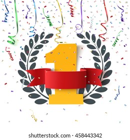 Winner, number one background with blank, red ribbon, olive branch  and confetti on white. Poster or brochure template. Vector illustration.