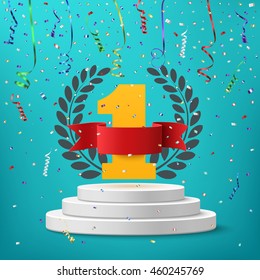 Winner, number one background with blank, red ribbon, olive branch  and confetti on round pedestal isolated on blue. Poster or brochure template. Vector illustration.