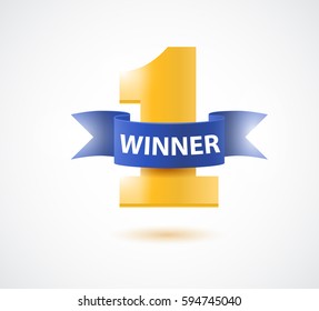 Winner, number one background with blue ribbon, olive branch and confetti on white. Vector illustration.