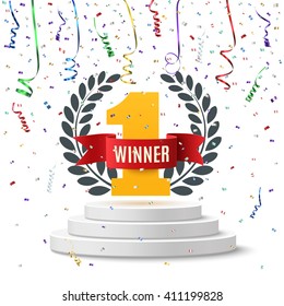 Winner, number one background with red ribbon, olive branch  and confetti on round pedestal isolated on white. Poster or brochure template. Vector illustration.