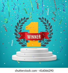 Winner, number one background with red ribbon, olive branch  and confetti on round pedestal isolated on blue. Poster or brochure template. Vector illustration.