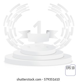 Winner, number one background with white ribbon, techno stylized olive branch  on round pedestal isolated on white. Paper concept. Poster or brochure template. Vector illustration.