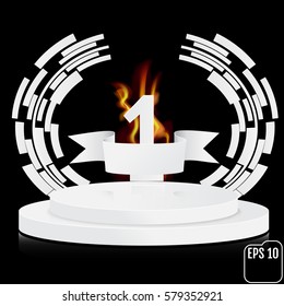 Winner, number one background with white ribbon and fire, techno stylized olive branch on round pedestal isolated on black. Poster or brochure template. Vector illustration.