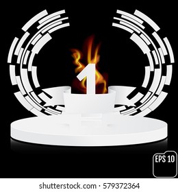 Winner, number one background with white ribbon and fire, techno stylized olive branch on round pedestal isolated on black. Poster or brochure template. Vector illustration.