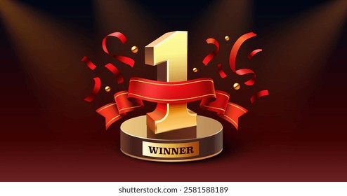 Winner number one, best podium award sign, golden object. Vector illustration