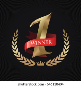 Winner, number one gold with red ribbon, Winner logo, gold branch on round pedestal isolated on black background. Poster or brochure template. Vector illustration