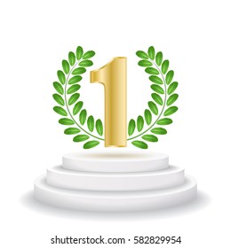 Winner number one with olive branch on round white pedestal. Isolated on white background. Vector illustration