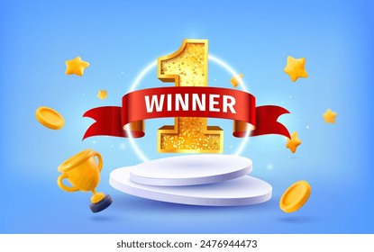 Winner number one on pedestal champion vector illustration. 1st place celebrating 3d vector design elements. Win first number on podium with red ribbon, goblet, stars on light background