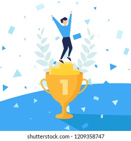 Winner, number one vector illustration. Happy man stand on the podium first place. Best score, prize olive branch and confetti. Colorful simple Poster brochure template. Blue Gold colors