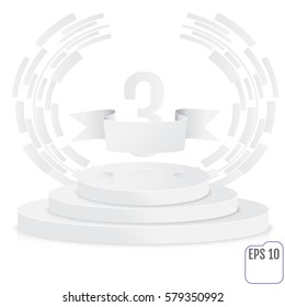 Winner, number three background with white ribbon, techno stylized olive branch  on round pedestal isolated on white. Paper concept. Poster or brochure template. Vector illustration.