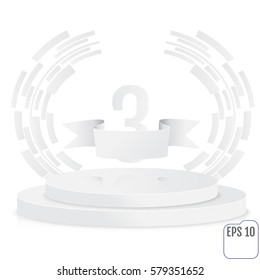 Winner, number three background with white ribbon, techno stylized olive branch  on round pedestal isolated on white. Paper concept. Poster or brochure template. Vector illustration.