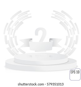 Winner, number two background with white ribbon, techno stylized olive branch  on round pedestal isolated on white. Paper concept. Poster or brochure template. Vector illustration.