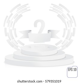 Winner, number two background with white ribbon, techno stylized olive branch  on round pedestal isolated on white. Paper concept. Poster or brochure template. Vector illustration.