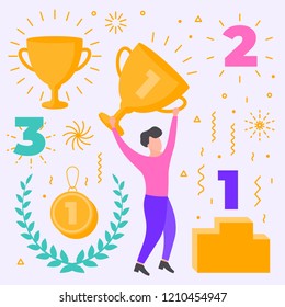 Winner objects set. Number one. Vector colorful flat collection of additional elements abstract modern geometric attributes, shapes for illustration design composition. First, second, third place