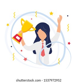 Winner. The office worker won the competition. Happy girl holds winner’s gold cup in hand. Modern fans isolated on white background. Сartoon flat vector illustration.