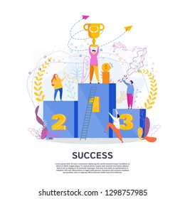 The winner on the first step of the podium raises the cup above his head. Champion trophy, success in competition, the best result. Tiny people flat design style vector graphic illustration.