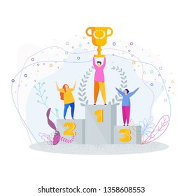 The winner on the first step of the podium raises the cup above his head. Champion trophy, success in competition, the best result. Tiny people flat design style vector graphic illustration.