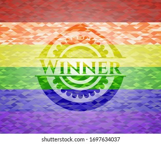 Winner on mosaic background with the colors of the LGBT flag