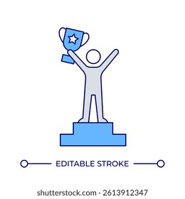 Winner on pedestal line color icon. Champion raising bowl standing on podium. Celebrating victory in competition. Isolated vector illustration. Flat colorful symbol design. Editable stroke